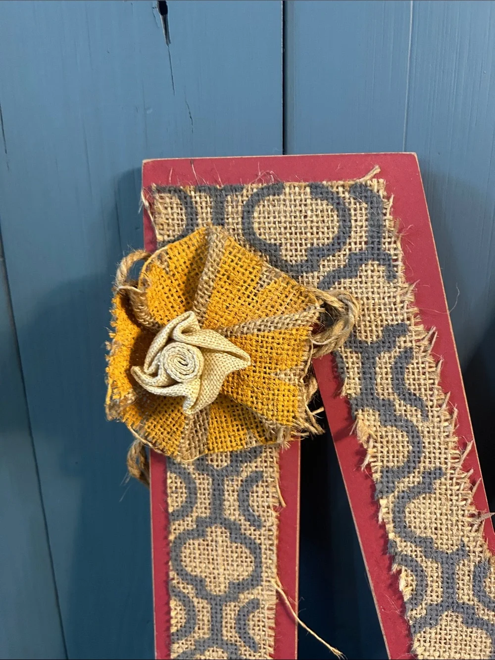 Hand Crafted Red Burlap Letter “M” Wall Hook with Yellow Burlap Flower